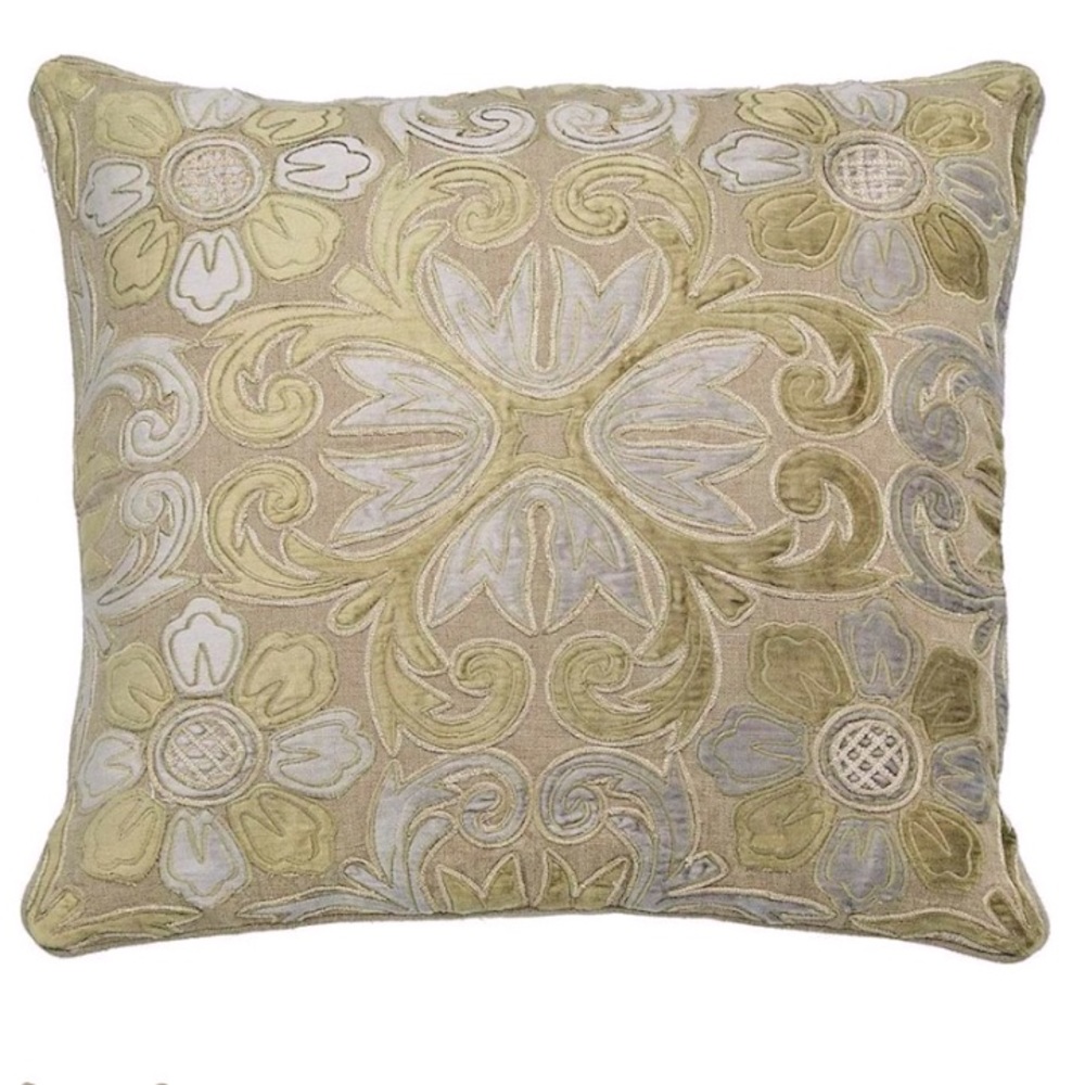 LOLOI Pillow 22x22 Down Feather Insert Linen Velvet Applique Hand-Dyed Handmade